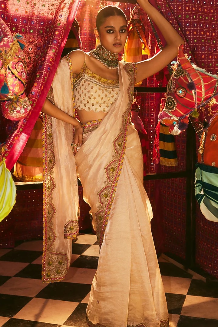 Ivory Tissue Organza Hand Embroidered Wedding Saree Set by Raji Ramniq at Pernia's Pop Up Shop
