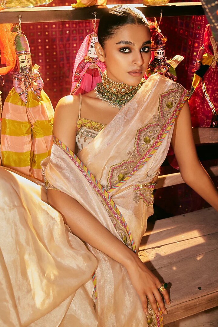 Ivory Tissue Organza Hand Embroidered Wedding Saree Set by Raji Ramniq at Pernia's Pop Up Shop