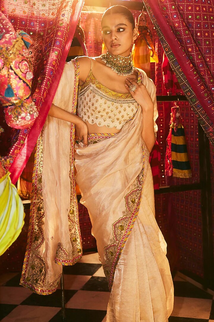 Ivory Tissue Organza Hand Embroidered Wedding Saree Set by Raji Ramniq at Pernia's Pop Up Shop