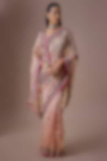 Nude Pink Tissue Embroidered Wedding Saree Set by Raji ramniq at Pernia's Pop Up Shop
