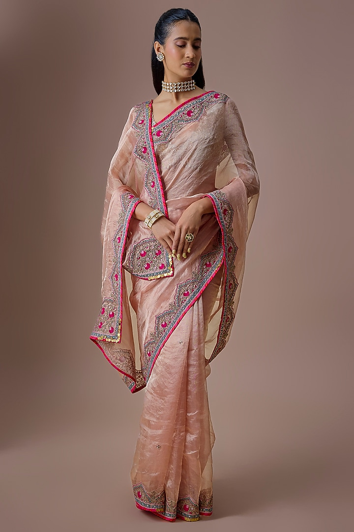 Nude Pink Tissue Embroidered Wedding Saree Set by Raji ramniq at Pernia's Pop Up Shop