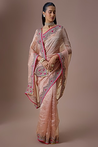 Nude Pink Tissue Embroidered Saree Set by Raji ramniq