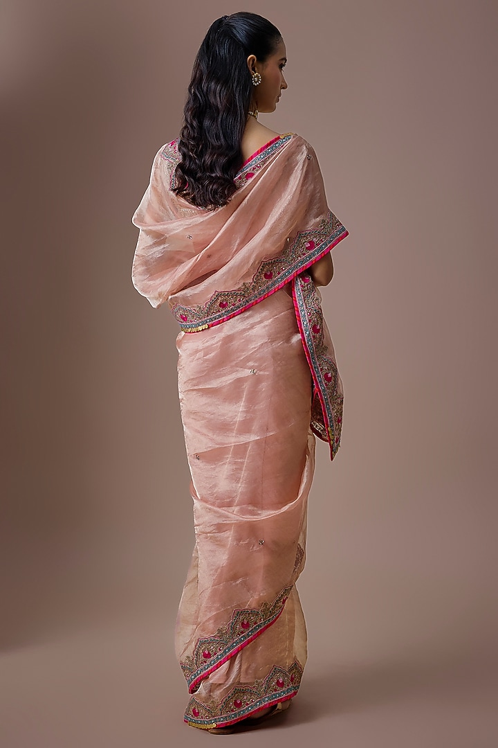 Nude Pink Tissue Embroidered Wedding Saree Set by Raji ramniq at Pernia's Pop Up Shop