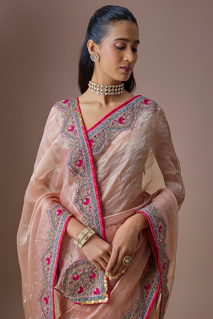 Nude Pink Tissue Embroidered Wedding Saree Set by Raji ramniq at Pernia's Pop Up Shop