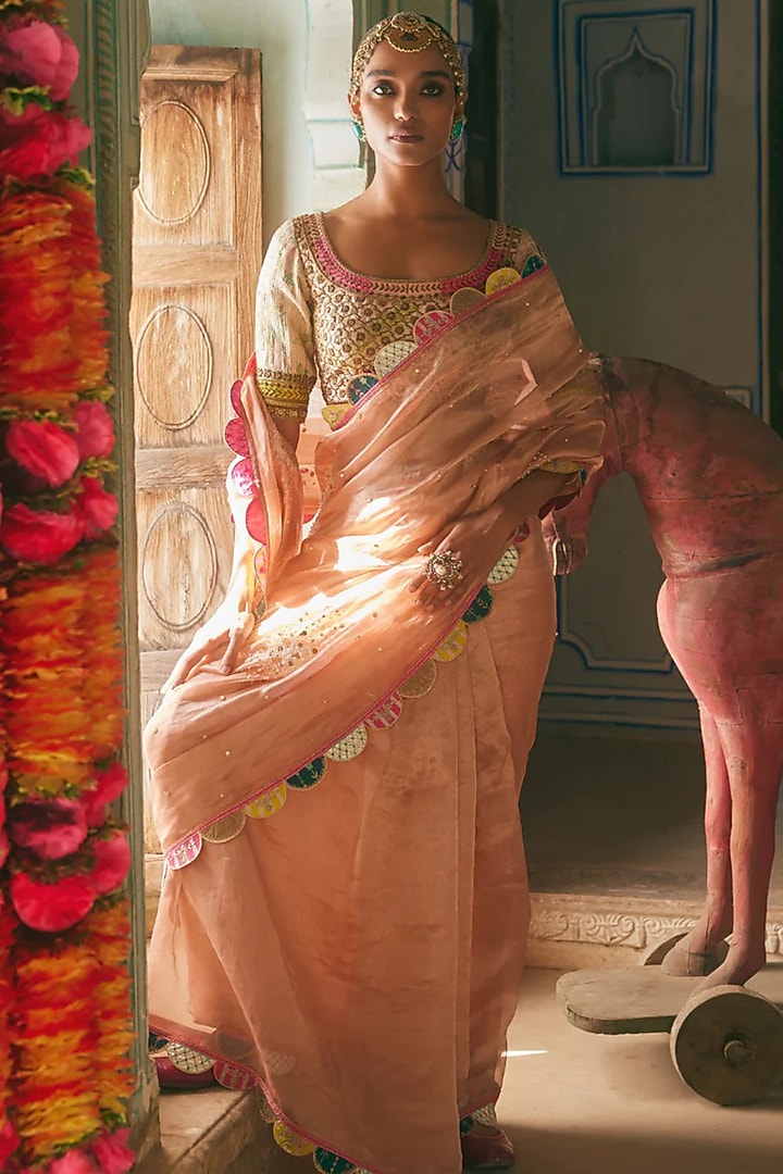Pastel Pink Tissue Organza Embroidered Wedding Saree Set by Raji Ramniq at Pernia's Pop Up Shop