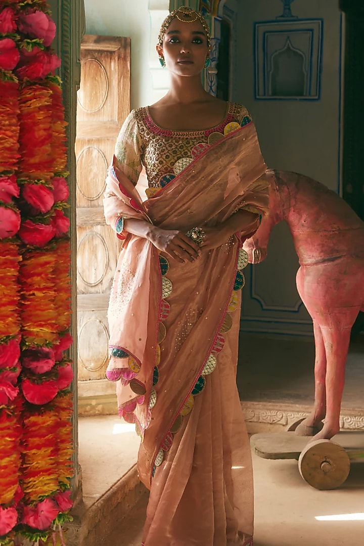Pastel Pink Tissue Organza Embroidered Wedding Saree Set by Raji Ramniq at Pernia's Pop Up Shop