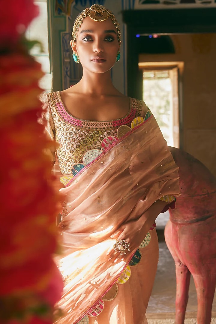 Pastel Pink Tissue Organza Embroidered Wedding Saree Set by Raji Ramniq at Pernia's Pop Up Shop