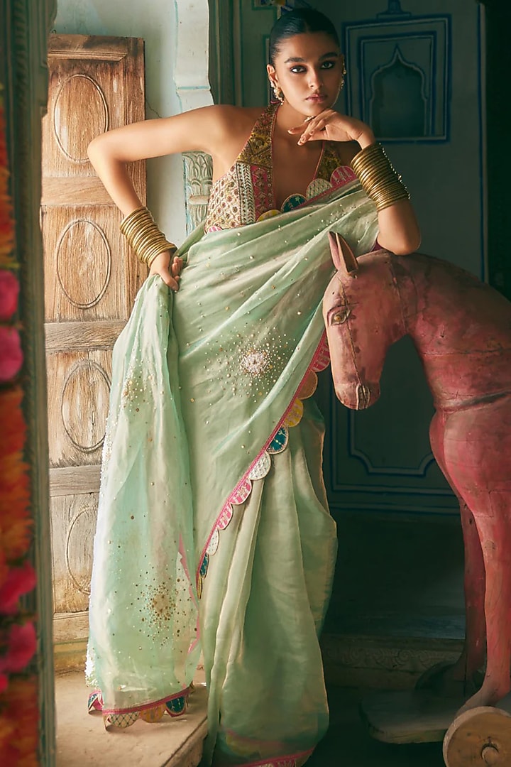 Powder Blue Tissue Organza Embroidered Wedding Saree Set by Raji Ramniq at Pernia's Pop Up Shop