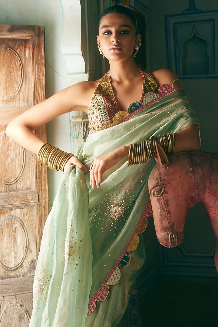 Powder Blue Tissue Organza Embroidered Wedding Saree Set by Raji Ramniq at Pernia's Pop Up Shop