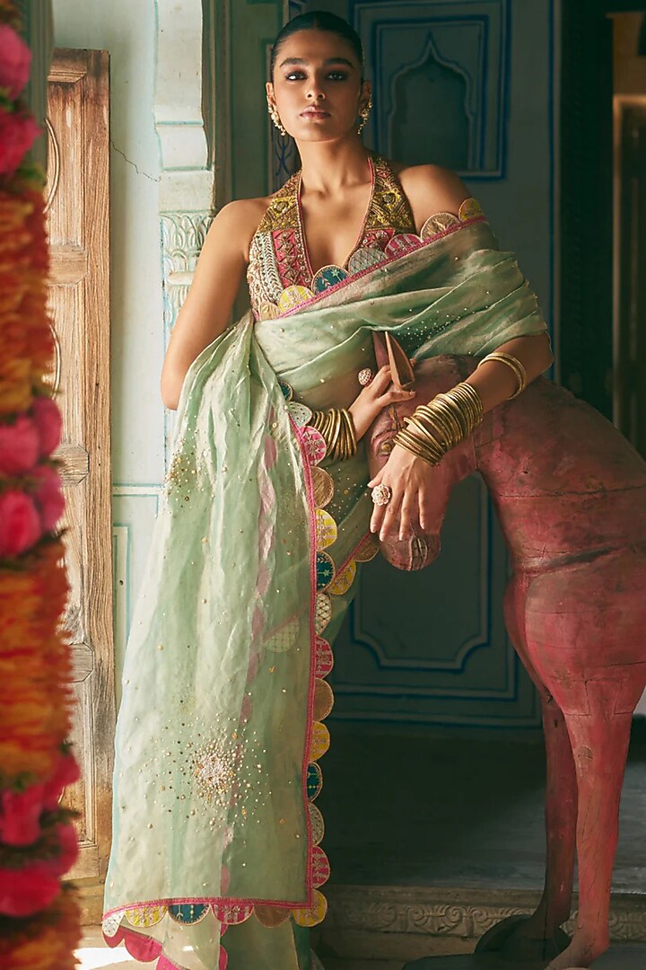 Powder Blue Tissue Organza Embroidered Wedding Saree Set by Raji Ramniq at Pernia's Pop Up Shop