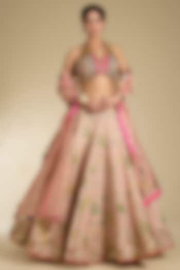Pink Tissue Embroidered & Printed Wedding Lehenga Set by Raji Ramniq at Pernia's Pop Up Shop