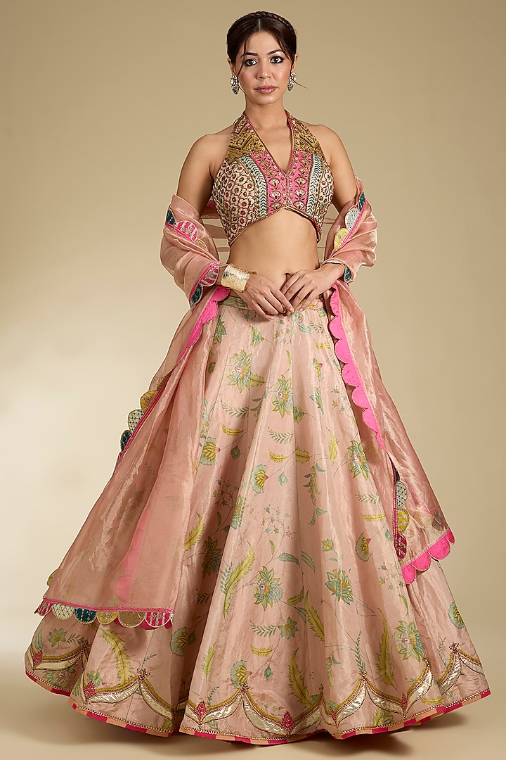 Pink Tissue Embroidered & Printed Wedding Lehenga Set by Raji Ramniq at Pernia's Pop Up Shop