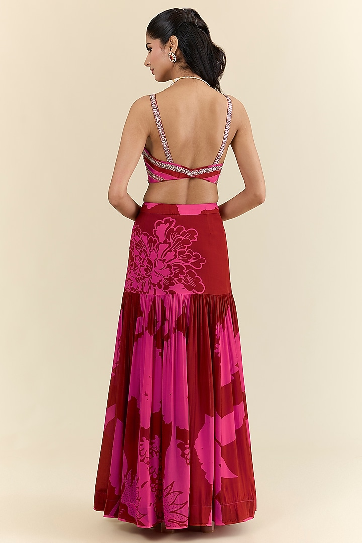 Red & Pink Crepe Printed Wedding Lehenga Set by Raji ramniq at Pernia's Pop Up Shop
