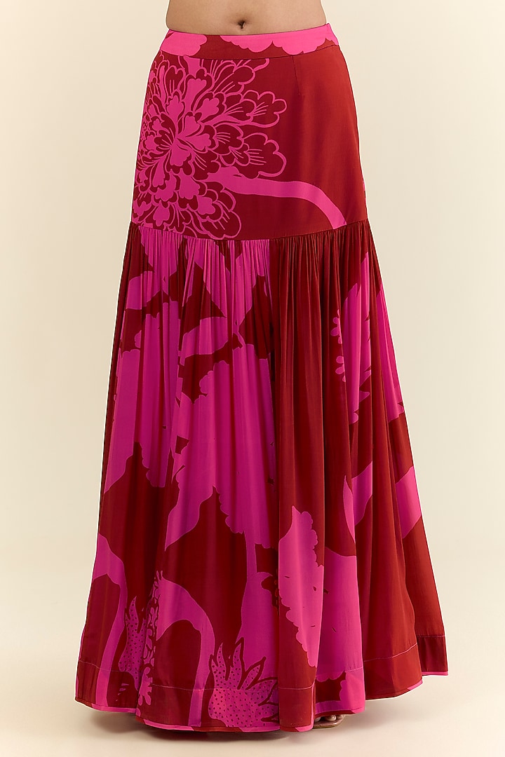 Red & Pink Crepe Printed Wedding Lehenga Set by Raji ramniq at Pernia's Pop Up Shop