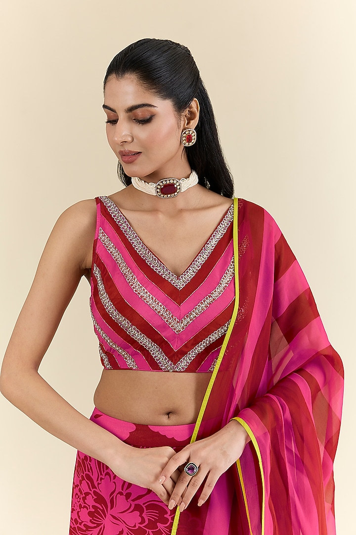 Red & Pink Crepe Printed Wedding Lehenga Set by Raji ramniq at Pernia's Pop Up Shop