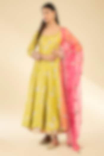 Yellow Silk Tissue Floral Printed & Embroidered Wedding Anarkali Set by Raji ramniq at Pernia's Pop Up Shop