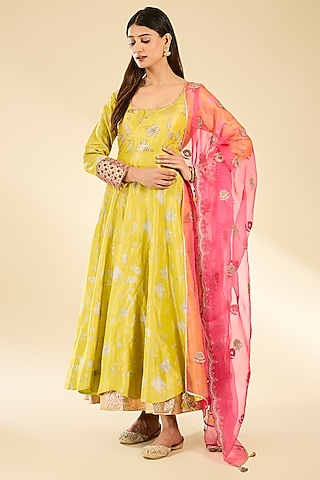 Yellow Silk Tissue Floral Printed & Embroidered Anarkali Set by Raji ramniq