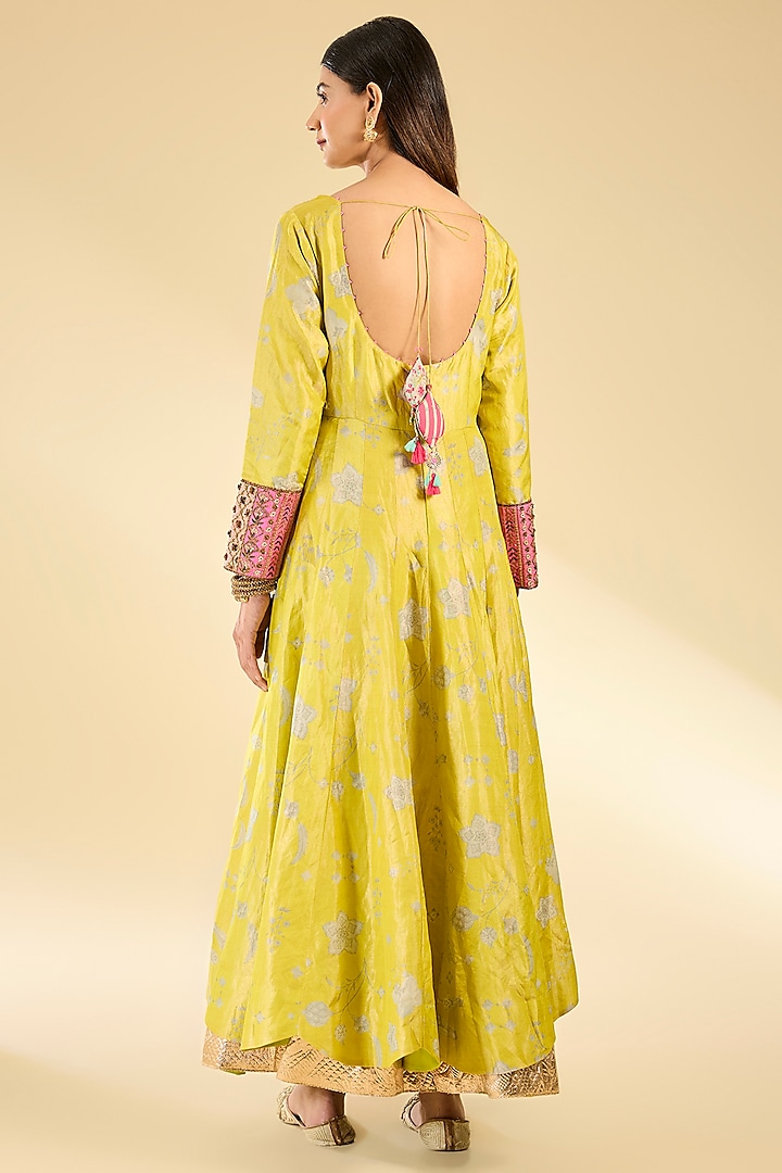 Yellow Silk Tissue Floral Printed & Embroidered Wedding Anarkali Set by Raji ramniq at Pernia's Pop Up Shop