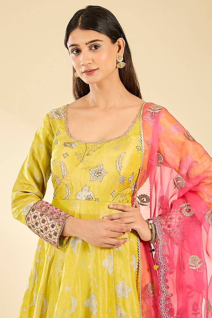 Yellow Silk Tissue Floral Printed & Embroidered Wedding Anarkali Set by Raji ramniq at Pernia's Pop Up Shop