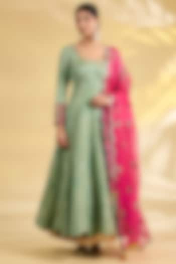 Powder Blue Tissue Silk Hand Embroidered Wedding Anarkali Set by Raji Ramniq at Pernia's Pop Up Shop