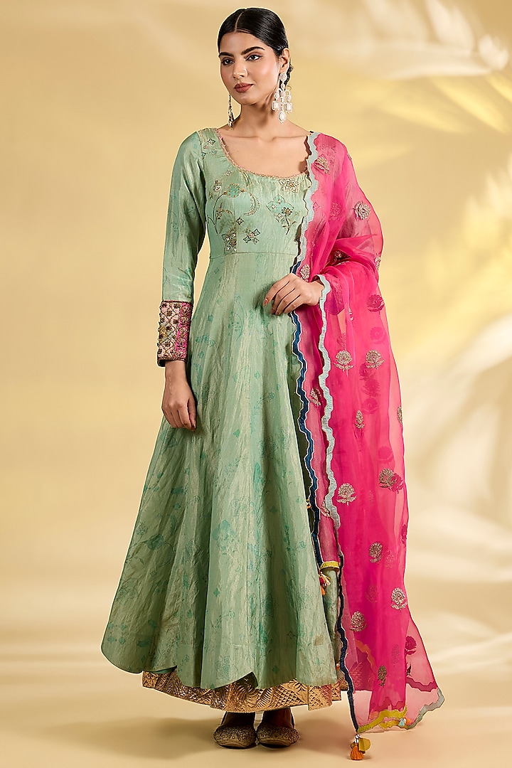 Powder Blue Tissue Silk Hand Embroidered Wedding Anarkali Set by Raji Ramniq at Pernia's Pop Up Shop