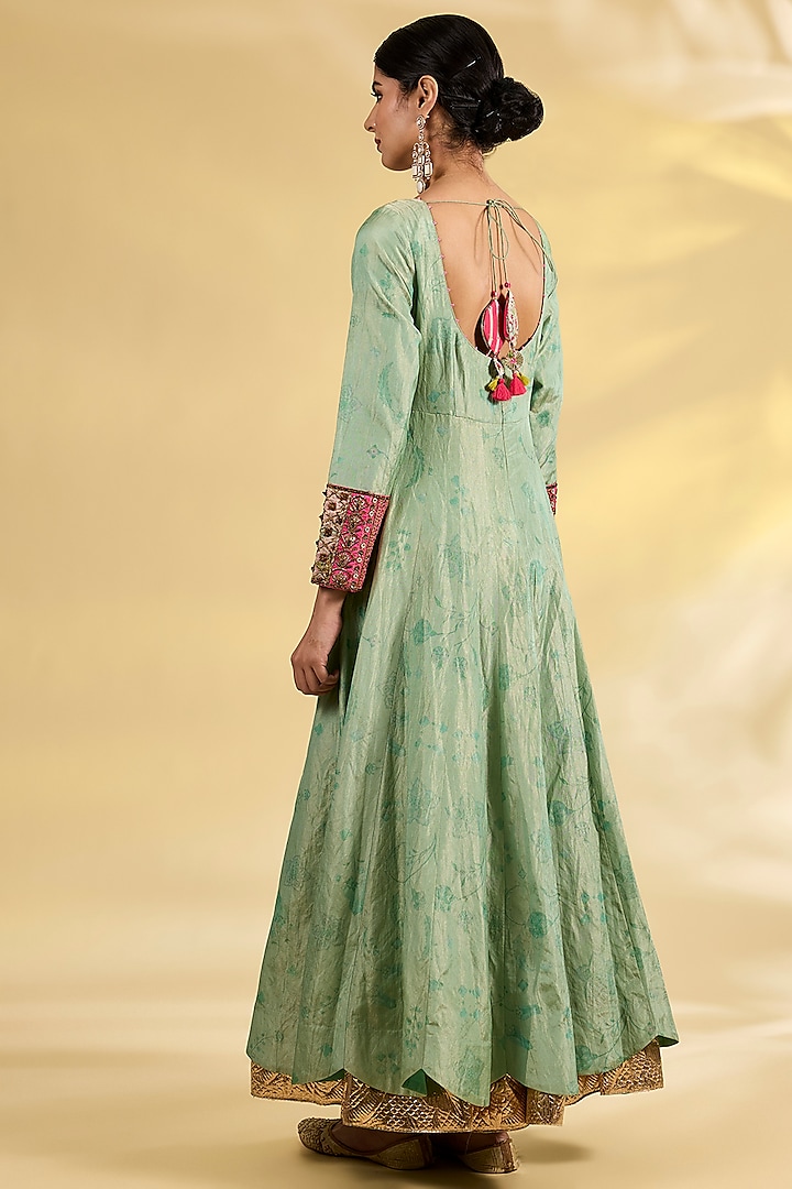 Powder Blue Tissue Silk Hand Embroidered Wedding Anarkali Set by Raji Ramniq at Pernia's Pop Up Shop