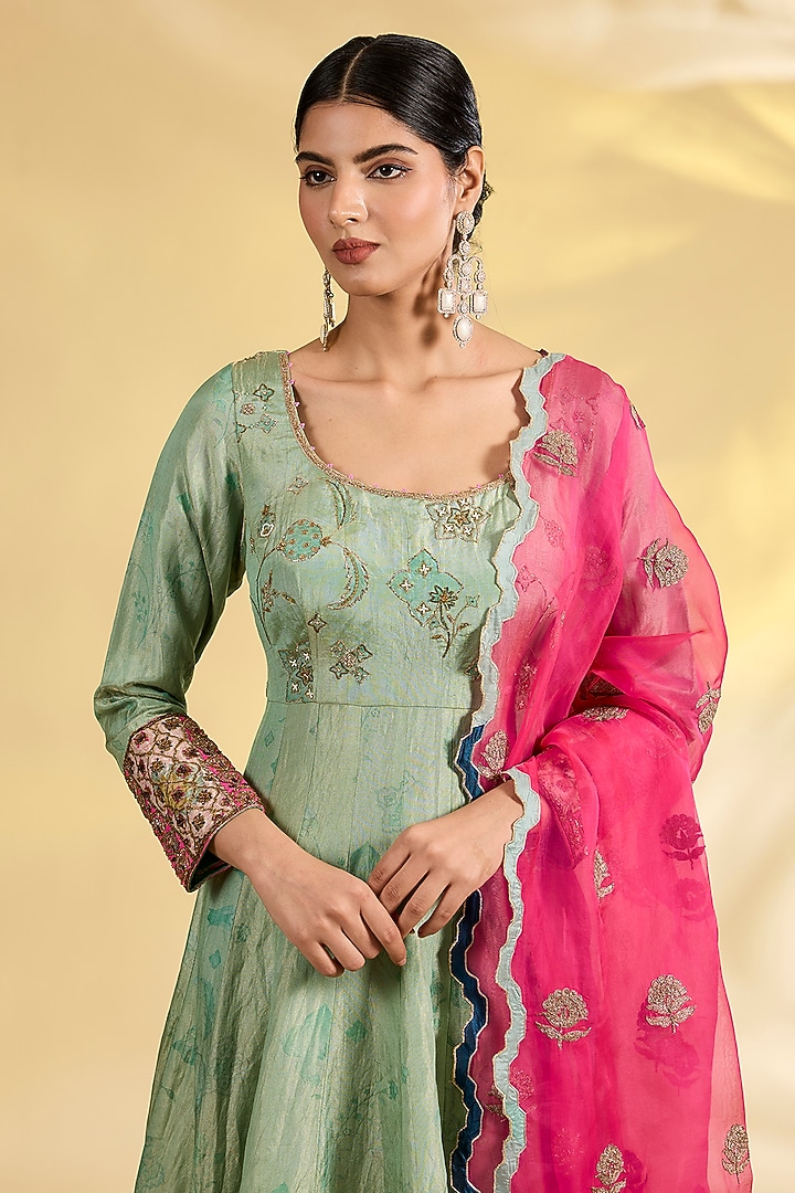 Powder Blue Tissue Silk Hand Embroidered Wedding Anarkali Set by Raji Ramniq at Pernia's Pop Up Shop