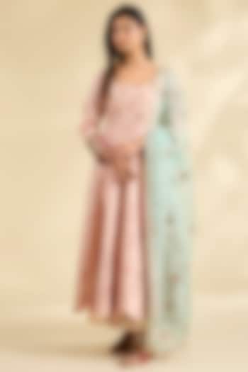 Pink Silk Tissue Floral Printed & Hand Embroidered Wedding Anarkali Set by Raji ramniq at Pernia's Pop Up Shop