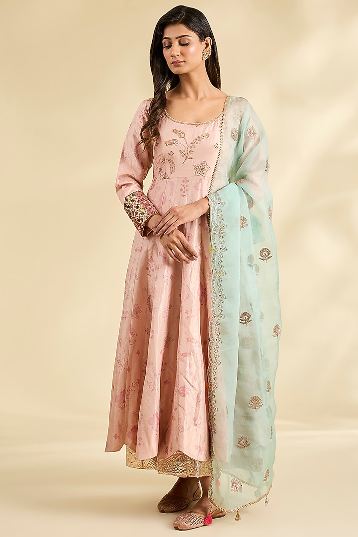 Pink Silk Tissue Floral Printed & Hand Embroidered Wedding Anarkali Set by Raji ramniq at Pernia's Pop Up Shop