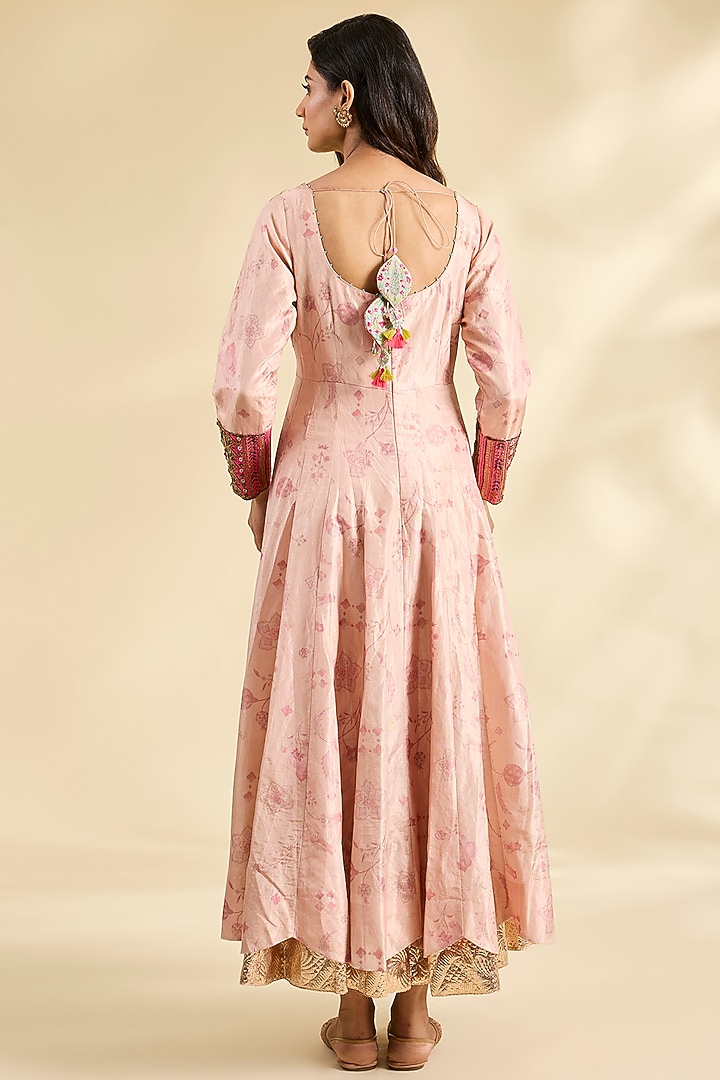 Pink Silk Tissue Floral Printed & Hand Embroidered Wedding Anarkali Set by Raji ramniq at Pernia's Pop Up Shop