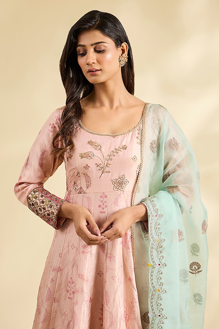 Pink Silk Tissue Floral Printed & Hand Embroidered Wedding Anarkali Set by Raji ramniq at Pernia's Pop Up Shop