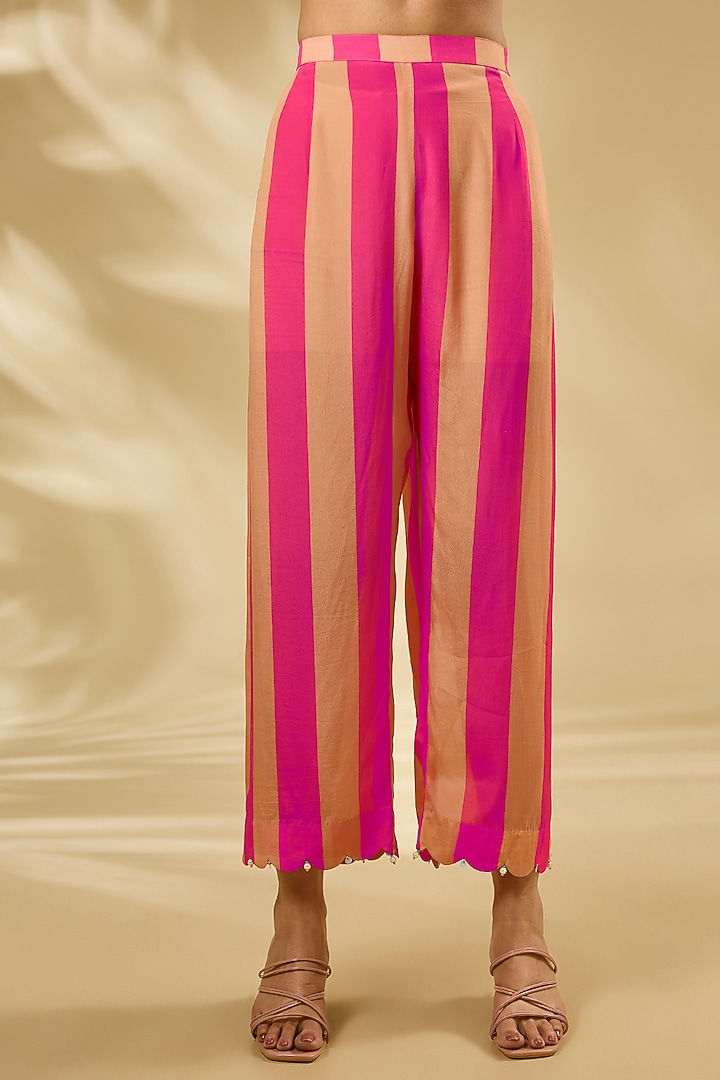 Pink & Nude Crepe Hand Embroidered Striped Kurta Set by Raji ramniq at Pernia's Pop Up Shop