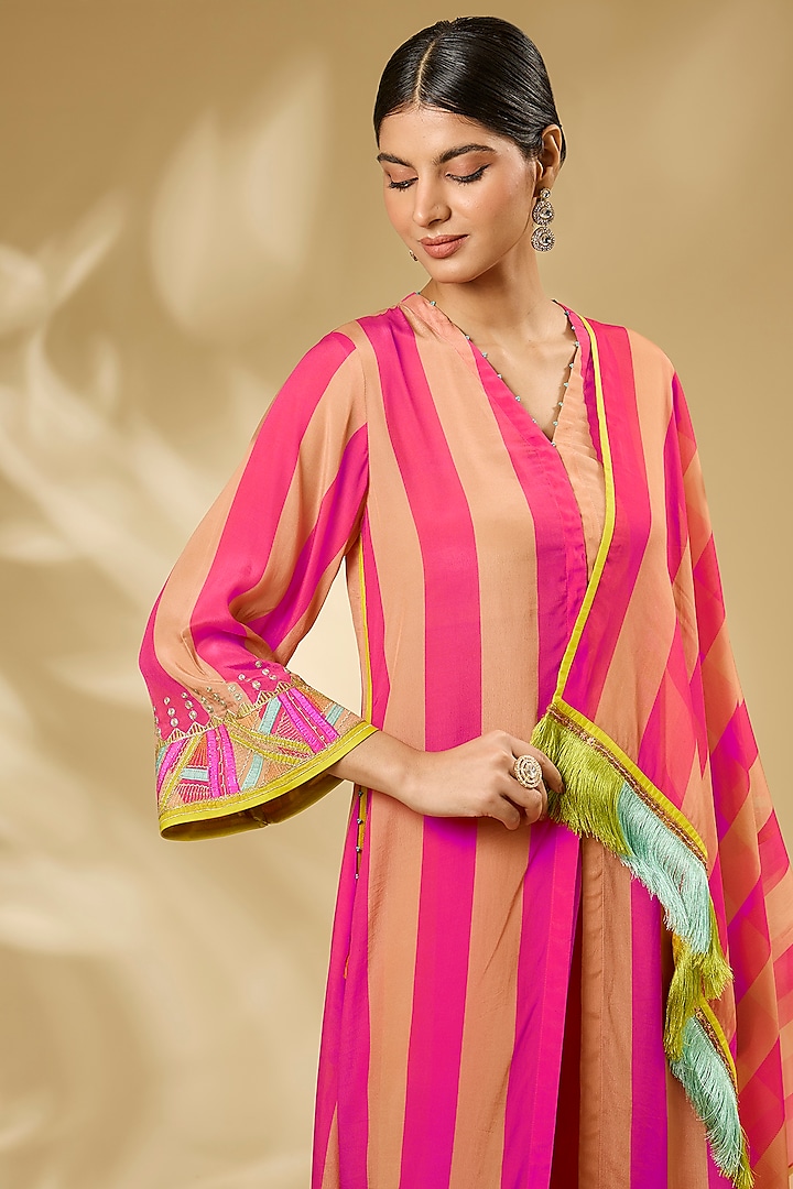 Pink & Nude Crepe Hand Embroidered Striped Kurta Set by Raji ramniq at Pernia's Pop Up Shop