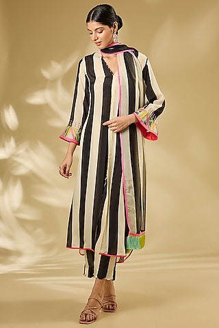 Black & Ivory Crepe Hand Embroidered Striped Kurta Set by Raji ramniq