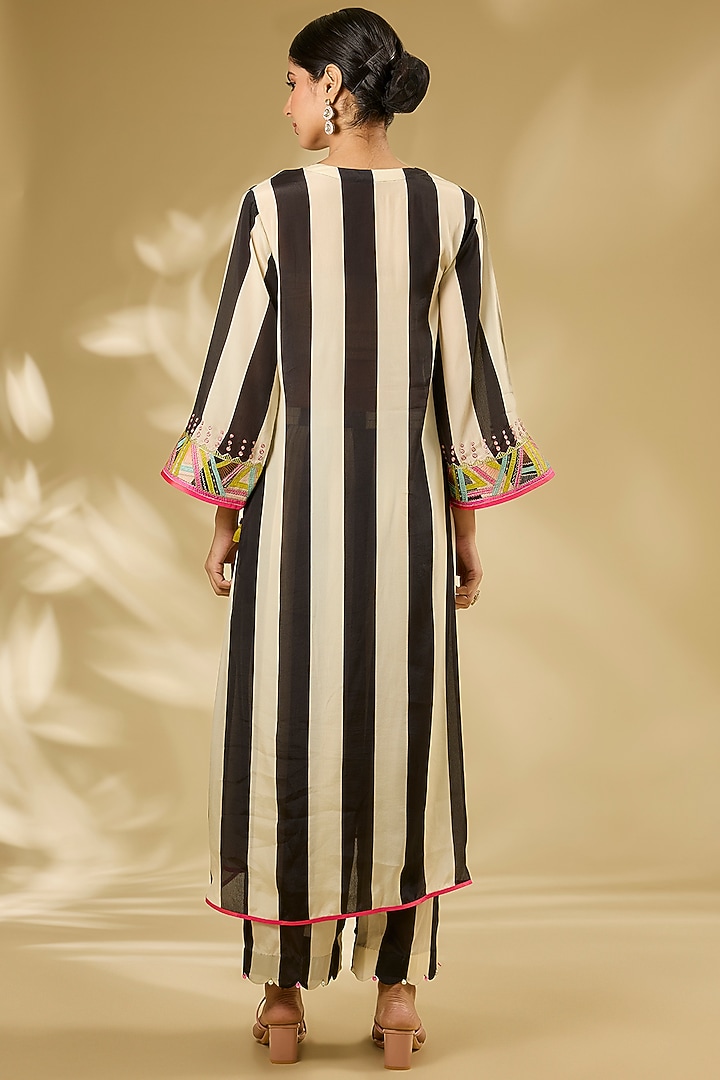 Black & Ivory Crepe Hand Embroidered Striped Kurta Set by Raji ramniq at Pernia's Pop Up Shop