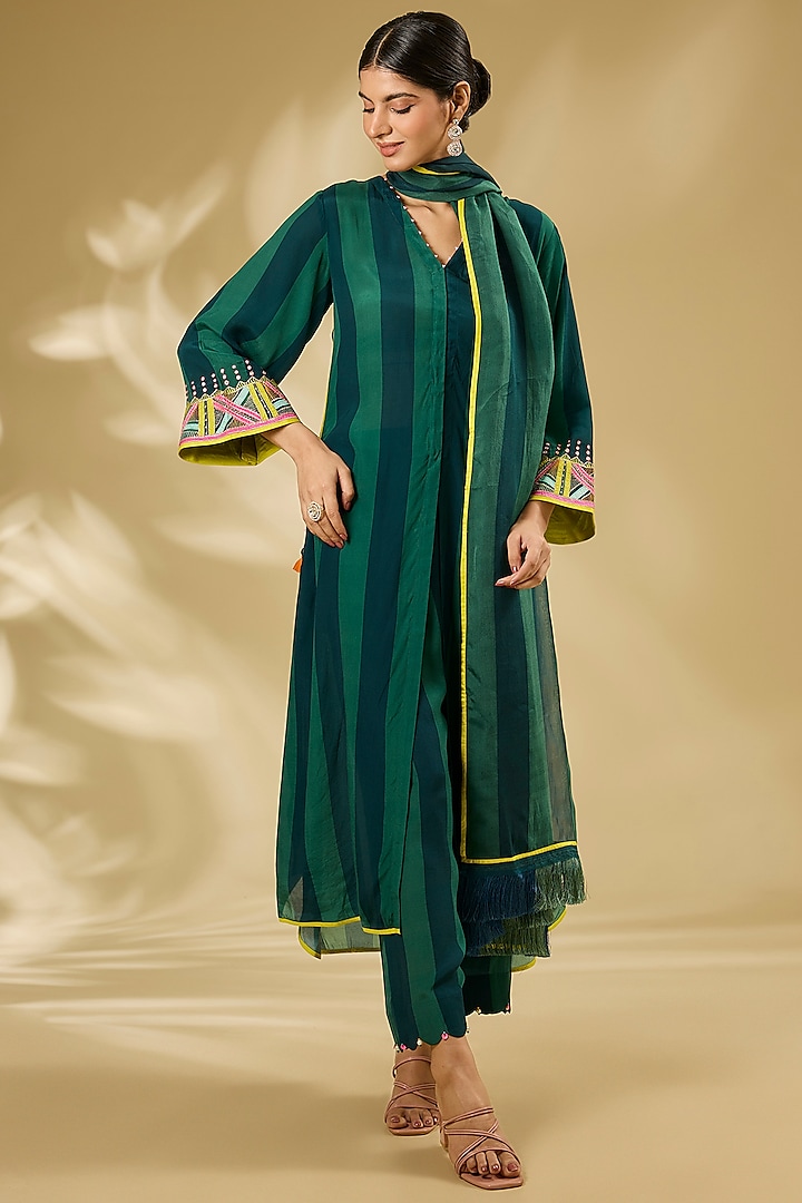 Teal Green Crepe & Organza Hand Embroidered Striped Kurta Set by Raji ramniq at Pernia's Pop Up Shop