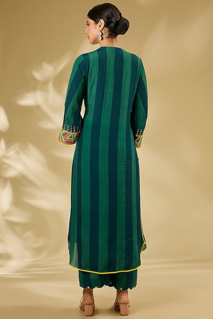Teal Green Crepe & Organza Hand Embroidered Striped Kurta Set by Raji ramniq at Pernia's Pop Up Shop