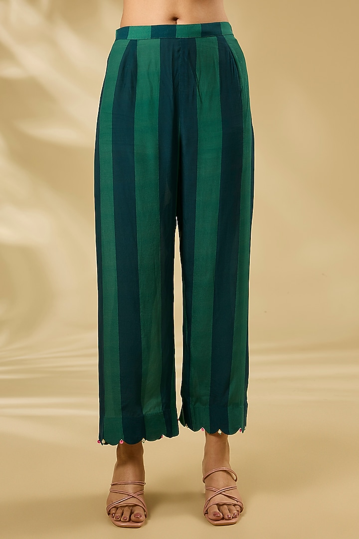 Teal Green Crepe & Organza Hand Embroidered Striped Kurta Set by Raji ramniq at Pernia's Pop Up Shop