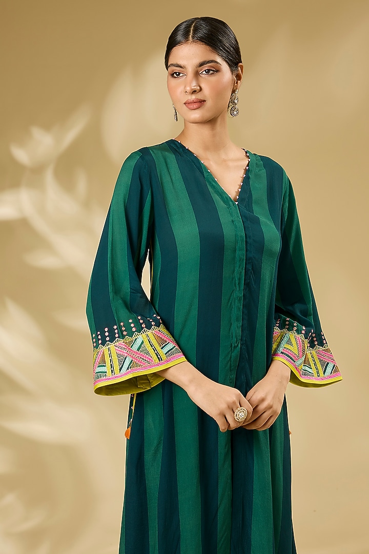 Teal Green Crepe & Organza Hand Embroidered Striped Kurta Set by Raji ramniq at Pernia's Pop Up Shop