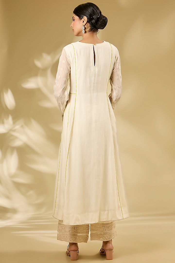 Ivory Chanderi Hand & Machine Embroidered Wedding Anarkali Set by Raji ramniq at Pernia's Pop Up Shop