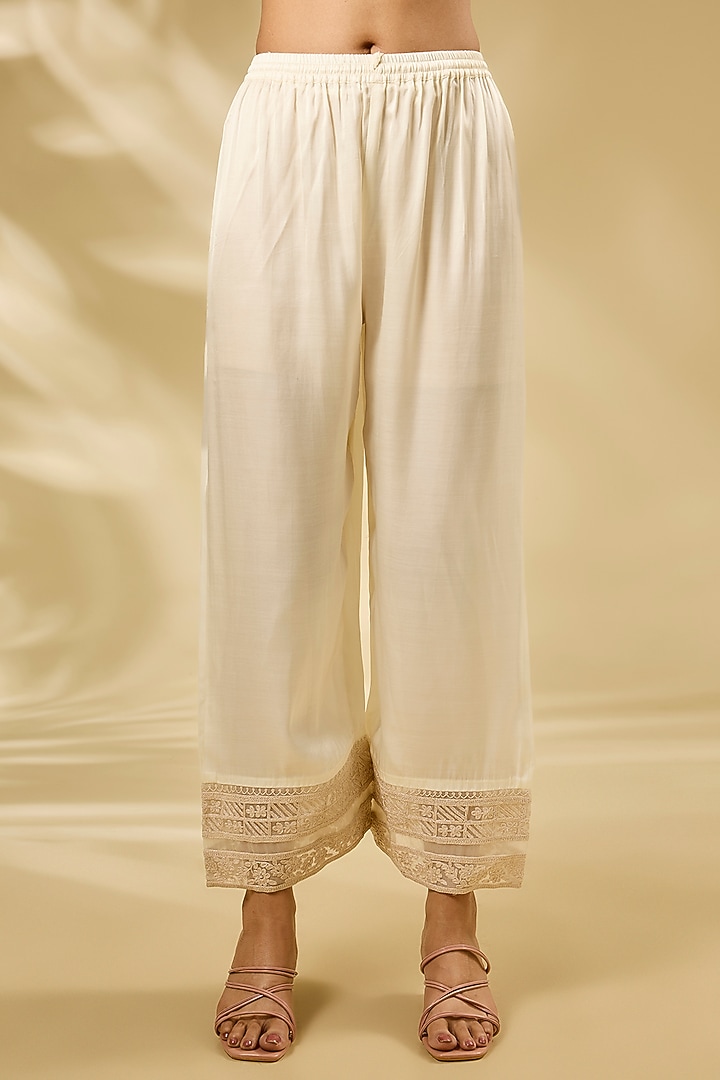 Ivory Chanderi Hand & Machine Embroidered Wedding Anarkali Set by Raji ramniq at Pernia's Pop Up Shop