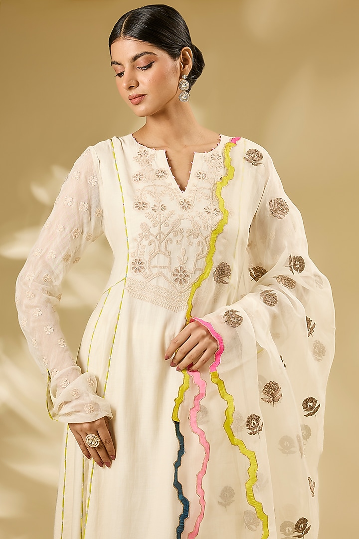Ivory Chanderi Hand & Machine Embroidered Wedding Anarkali Set by Raji ramniq at Pernia's Pop Up Shop