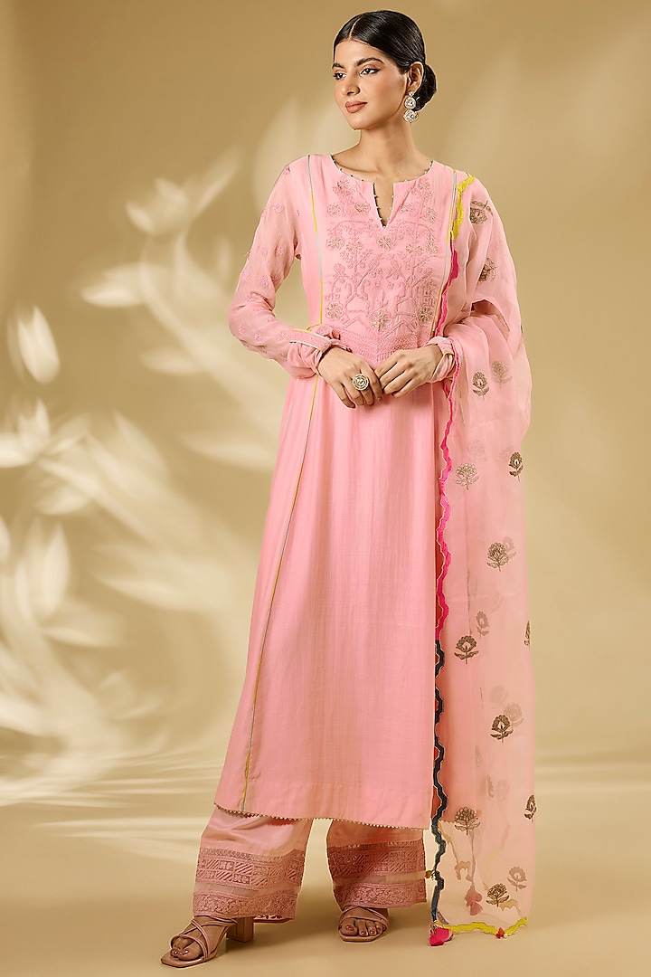 Nude Pink Chanderi Hand & Machine Embroidered Anarkali Set by Raji ramniq at Pernia's Pop Up Shop