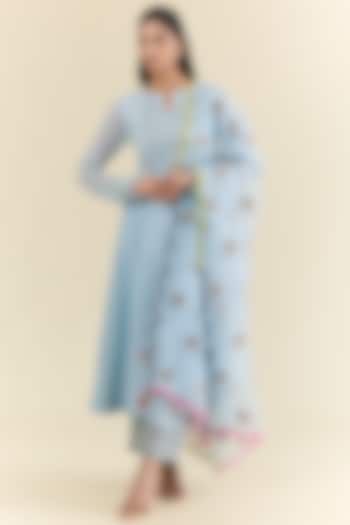 Blue Chanderi & Modal Satin Hand Embroidered Wedding Anarkali Set by Raji ramniq at Pernia's Pop Up Shop