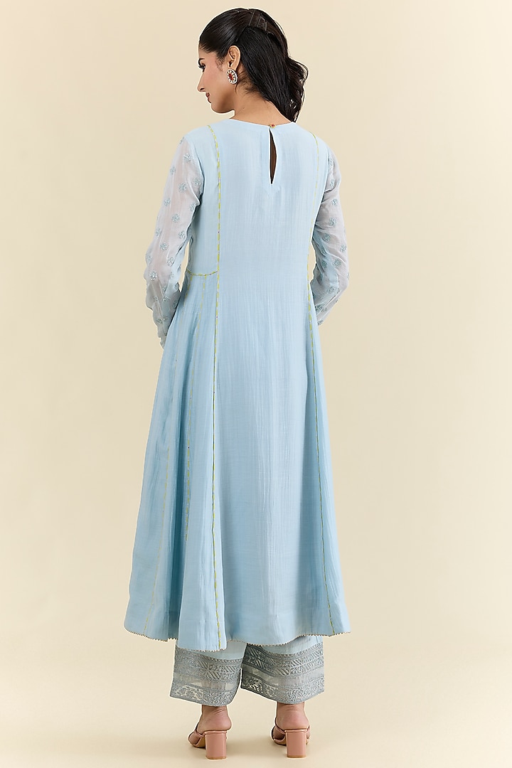 Blue Chanderi & Modal Satin Hand Embroidered Wedding Anarkali Set by Raji ramniq at Pernia's Pop Up Shop