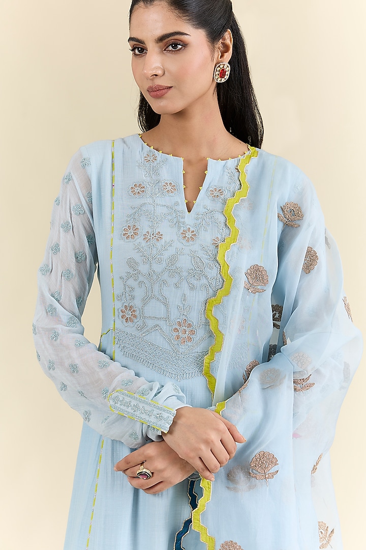 Blue Chanderi & Modal Satin Hand Embroidered Wedding Anarkali Set by Raji ramniq at Pernia's Pop Up Shop