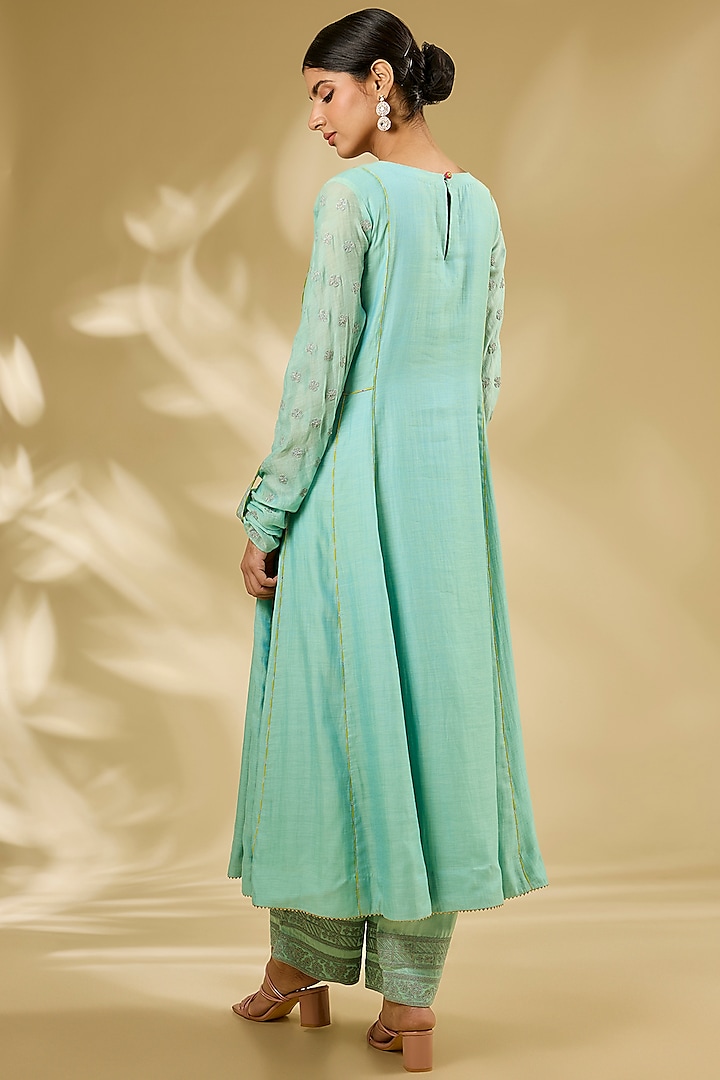 Powder Blue Chanderi Hand & Machine Embroidered Wedding Anarkali Set by Raji ramniq at Pernia's Pop Up Shop