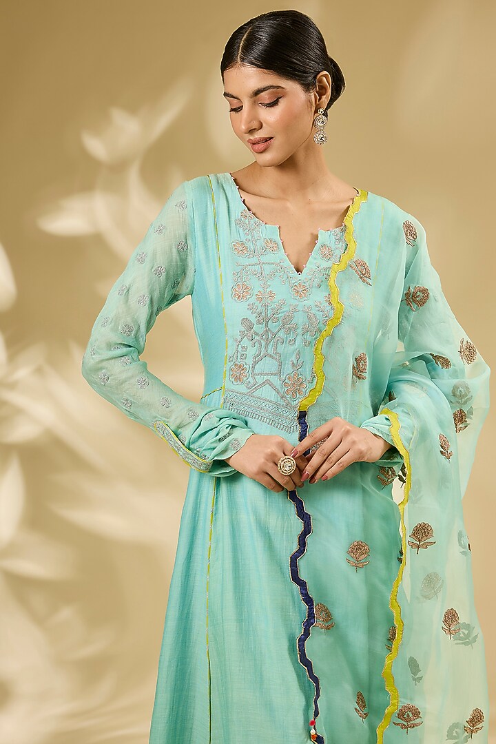 Powder Blue Chanderi Hand & Machine Embroidered Wedding Anarkali Set by Raji ramniq at Pernia's Pop Up Shop