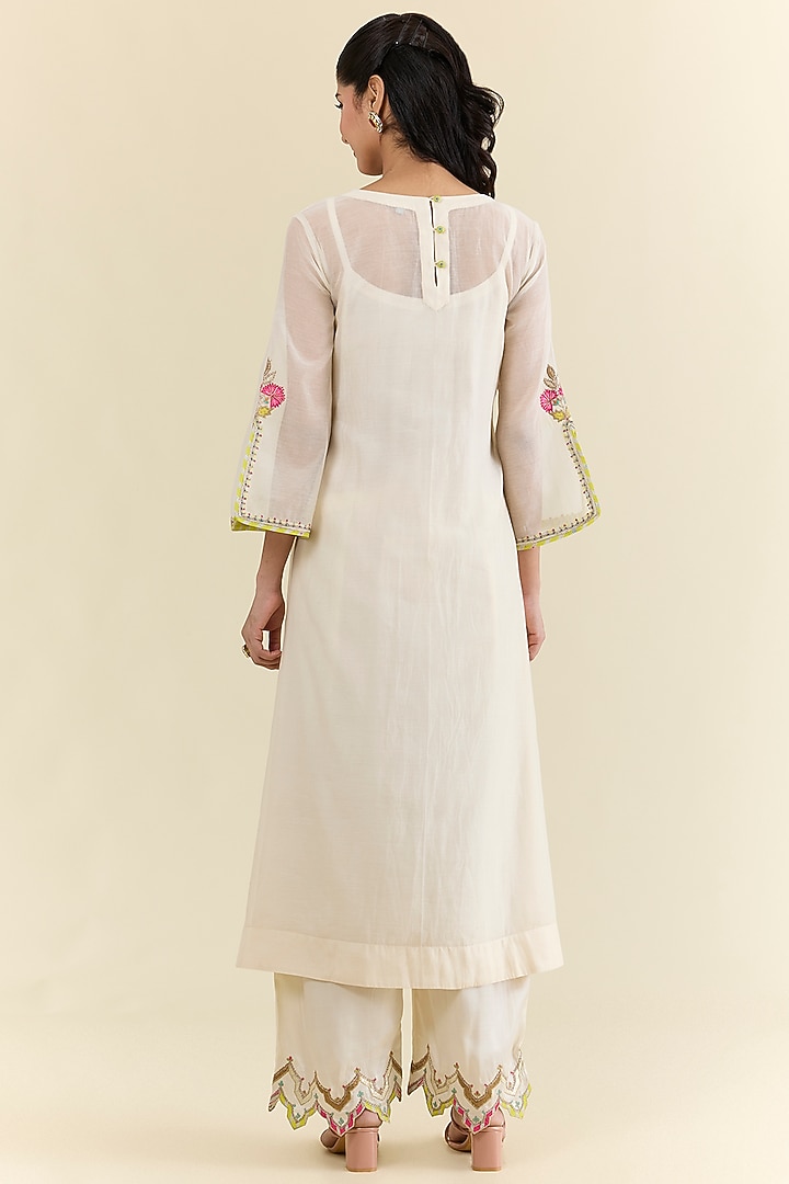 Ivory Chanderi & Modal Satin Hand Embroidered Kurta Set by Raji ramniq at Pernia's Pop Up Shop
