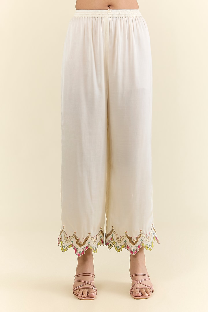 Ivory Chanderi & Modal Satin Hand Embroidered Kurta Set by Raji ramniq at Pernia's Pop Up Shop